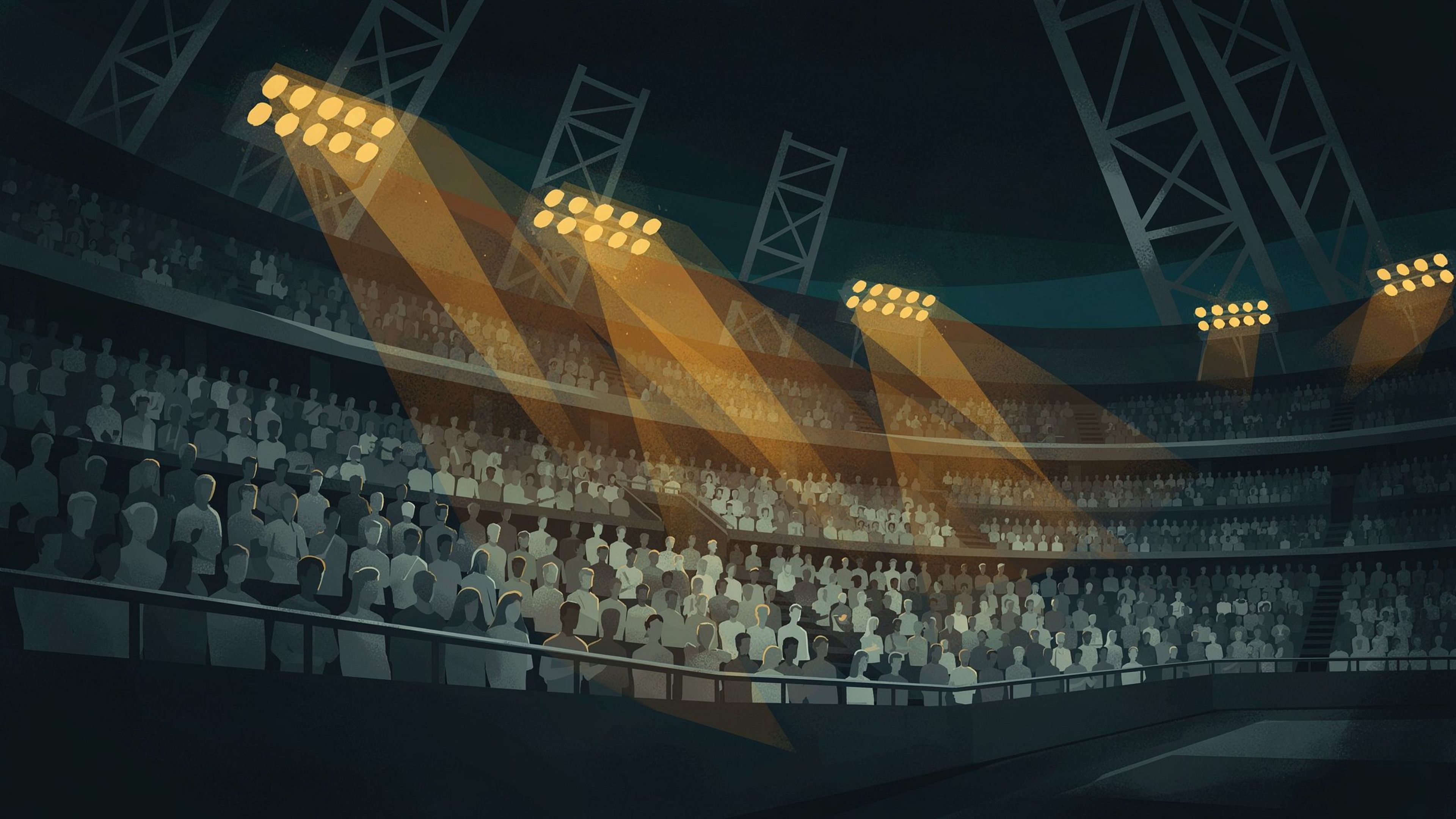 A stadium under golden floodlights